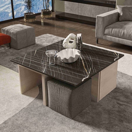 Manhattan Comfort Haley Nested Coffee Table & Ottoman Set in White & Black Marble  in White and Black Marble CT013-WB